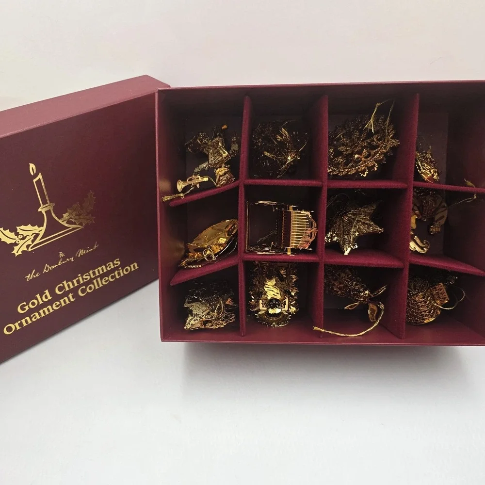 2004 Danbury Mint 23KT Gold Plated Christmas Ornament Collection Set12 Box 3D